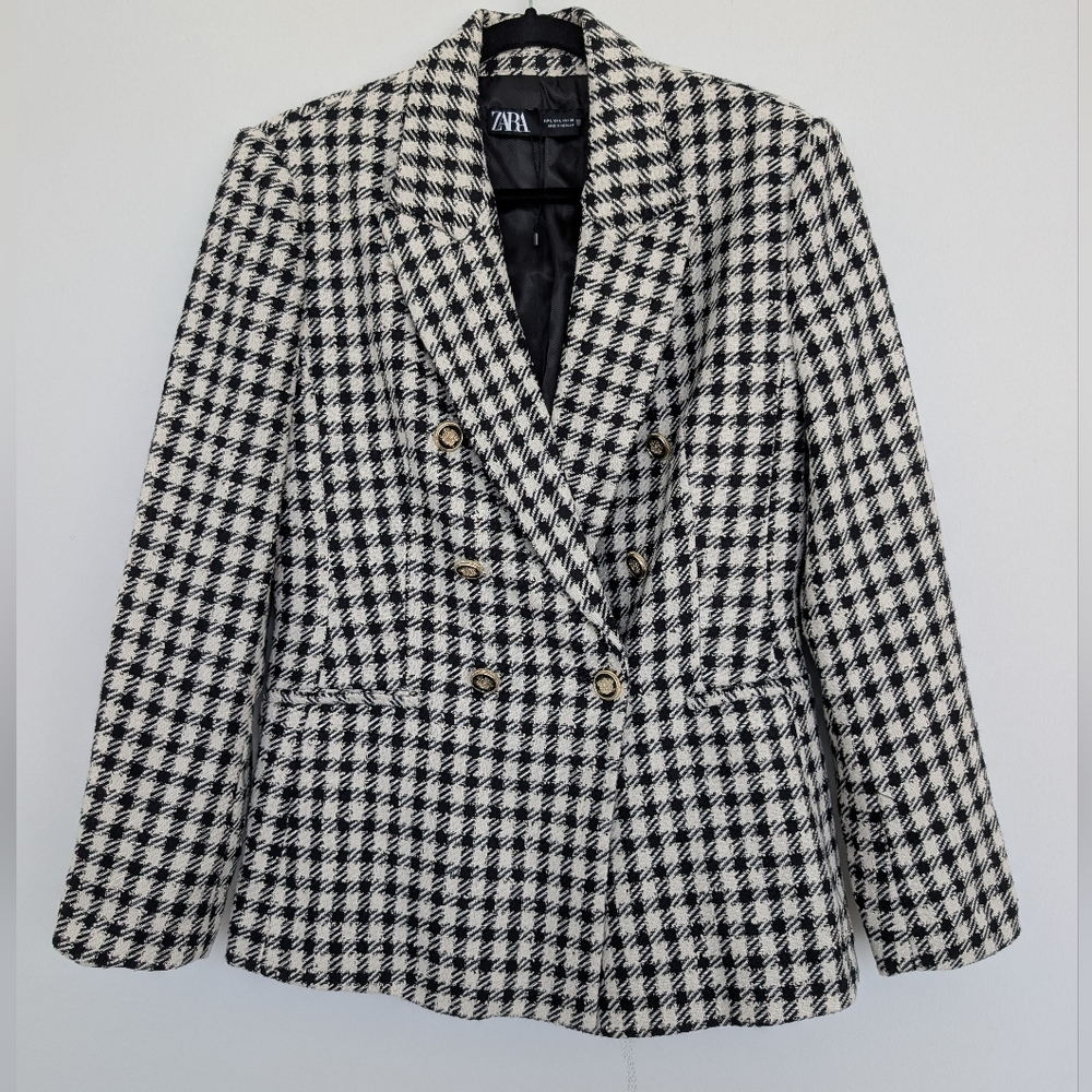 NWOT Zara Tweed Double Breasted Lined Houndstooth Plaid Blazer Jacket Sz L